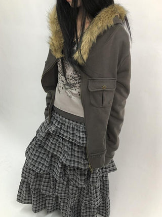 Detachable Fur Hooded Fleece Sweatshirt With Pockets