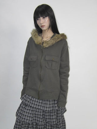 Detachable Fur Hooded Fleece Sweatshirt With Pockets