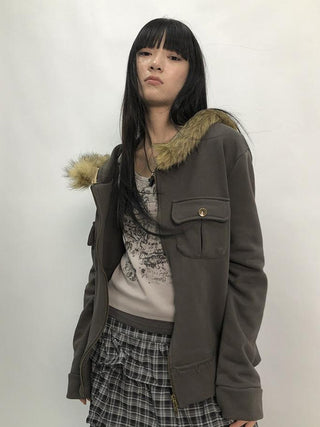 Detachable Fur Hooded Fleece Sweatshirt With Pockets