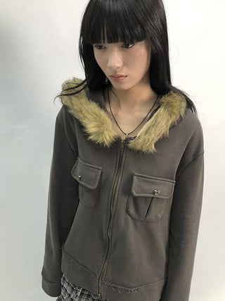 Detachable Fur Hooded Fleece Sweatshirt With Pockets