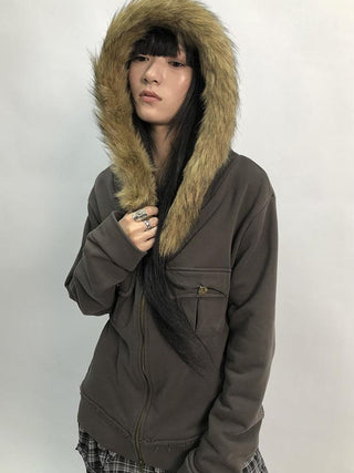 Detachable Fur Hooded Fleece Sweatshirt With Pockets