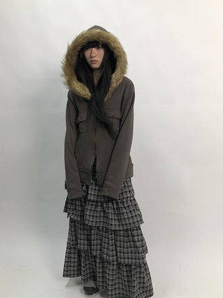 Detachable Fur Hooded Fleece Sweatshirt With Pockets