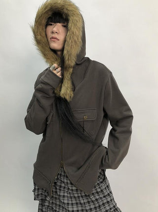 Detachable Fur Hooded Fleece Sweatshirt With Pockets