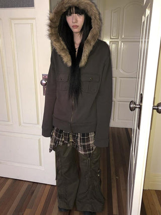 Detachable Fur Hooded Fleece Sweatshirt With Pockets
