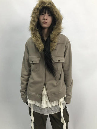 Detachable Fur Hooded Fleece Sweatshirt With Pockets