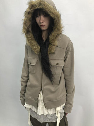 Detachable Fur Hooded Fleece Sweatshirt With Pockets