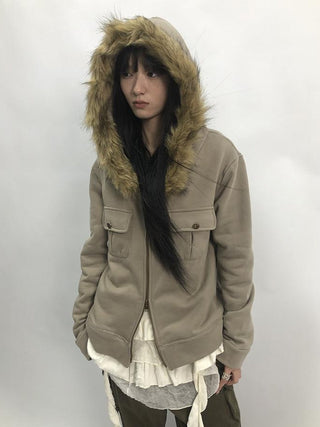 Detachable Fur Hooded Fleece Sweatshirt With Pockets