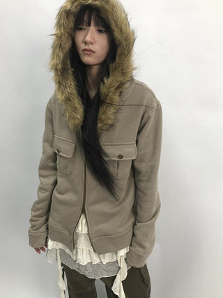 Detachable Fur Hooded Fleece Sweatshirt With Pockets
