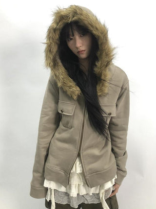 Detachable Fur Hooded Fleece Sweatshirt With Pockets