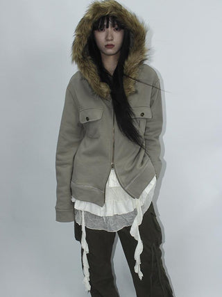 Detachable Fur Hooded Fleece Sweatshirt With Pockets