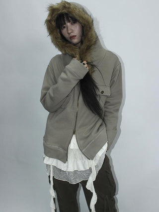 Detachable Fur Hooded Fleece Sweatshirt With Pockets