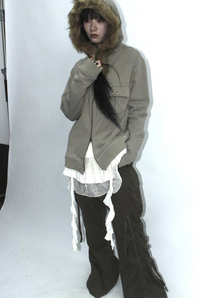 Detachable Fur Hooded Fleece Sweatshirt With Pockets