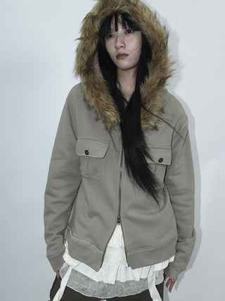 Detachable Fur Hooded Fleece Sweatshirt With Pockets