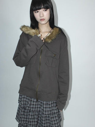 Detachable Fur Hooded Fleece Sweatshirt With Pockets