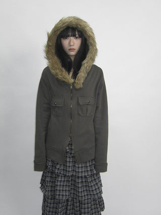 Detachable Fur Hooded Fleece Sweatshirt With Pockets
