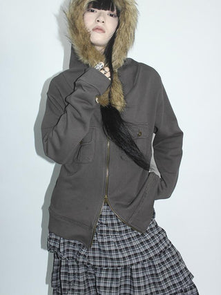 Detachable Fur Hooded Fleece Sweatshirt With Pockets