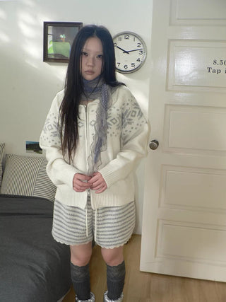 Diamond Knit Zip Loose Fit Commuter Long Sleeve Round Neck Cardigans