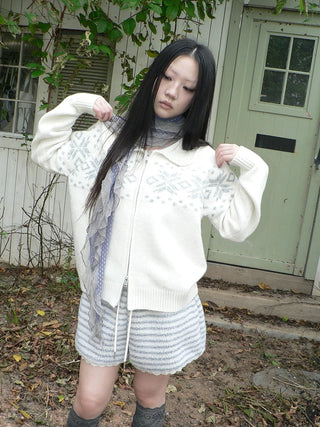 Diamond Knit Zip Loose Fit Commuter Long Sleeve Round Neck Cardigans