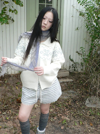 Diamond Knit Zip Loose Fit Commuter Long Sleeve Round Neck Cardigans
