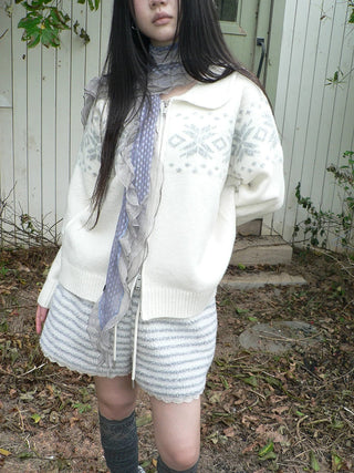 Diamond Knit Zip Loose Fit Commuter Long Sleeve Round Neck Cardigans