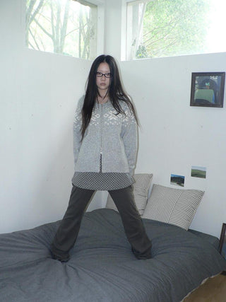 Diamond Knit Zip Loose Fit Commuter Long Sleeve Round Neck Cardigans