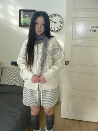 Diamond Knit Zip Loose Fit Commuter Long Sleeve Round Neck Cardigans