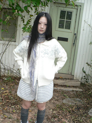 Diamond Knit Zip Loose Fit Commuter Long Sleeve Round Neck Cardigans