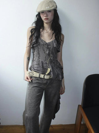 Distressed Asymmetrical Hem V-Neck Tank Top with Ruffle Straps