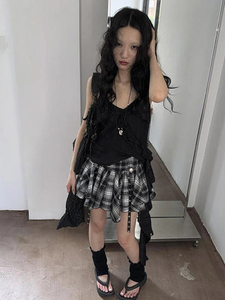 Distressed Asymmetrical Hem V-Neck Tank Top with Ruffle Straps