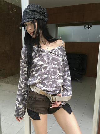 Distressed Camo Asymmetric Slit V Neck Long Sleeve T Shirt