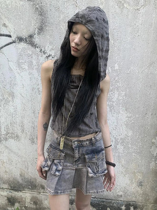 Distressed Hooded Crop Top With Off Shoulder Cutouts
