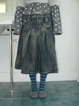 Distressed Vintage Pleated Denim Natural Waist Women Faded Blue Midi Skirt
