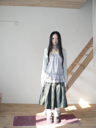Distressed Vintage Pleated Denim Natural Waist Women Faded Blue Midi Skirt