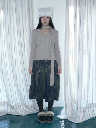 Distressed Vintage Pleated Denim Natural Waist Women Faded Blue Midi Skirt