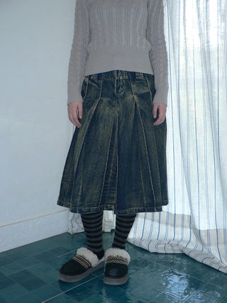 Distressed Vintage Pleated Denim Natural Waist Women Faded Blue Midi Skirt
