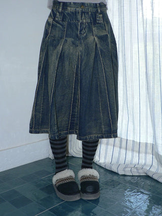 Distressed Vintage Pleated Denim Natural Waist Women Faded Blue Midi Skirt