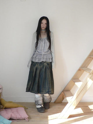 Distressed Vintage Pleated Denim Natural Waist Women Faded Blue Midi Skirt