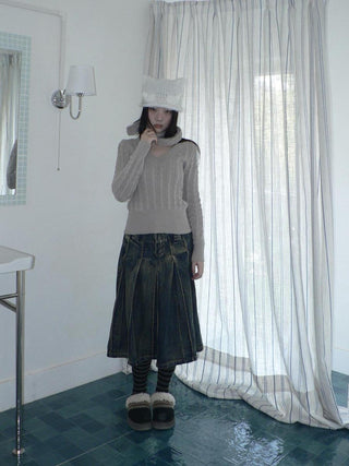 Distressed Vintage Pleated Denim Natural Waist Women Faded Blue Midi Skirt