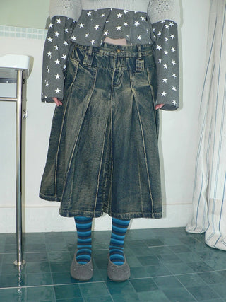 Distressed Vintage Pleated Denim Natural Waist Women Faded Blue Midi Skirt