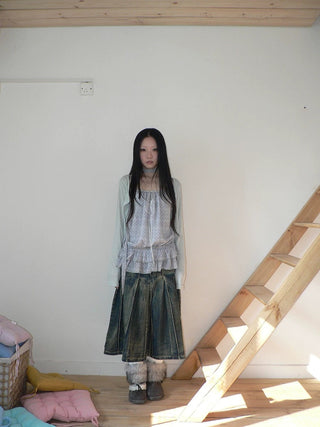 Distressed Vintage Pleated Denim Natural Waist Women Faded Blue Midi Skirt