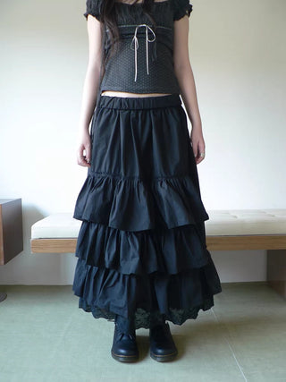 Elastic Waist Lace Patchwork Korean Cake Women Students Black White Maxi Skirt