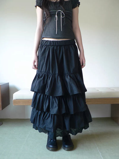 Elastic Waist Lace Patchwork Korean Cake Women Students Black White Maxi Skirt