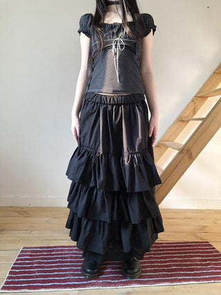 Elastic Waist Lace Patchwork Korean Cake Women Students Black White Maxi Skirt