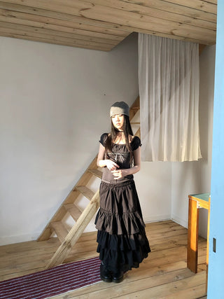 Elastic Waist Lace Patchwork Korean Cake Women Students Black White Maxi Skirt