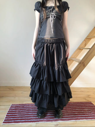 Elastic Waist Lace Patchwork Korean Cake Women Students Black White Maxi Skirt