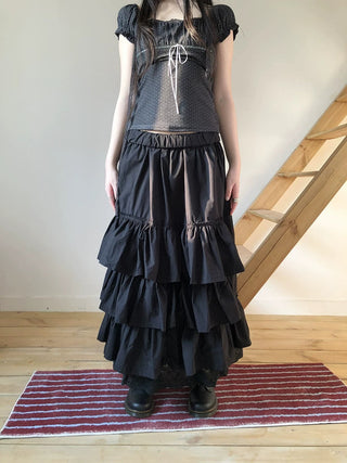 Elastic Waist Lace Patchwork Korean Cake Women Students Black White Maxi Skirt