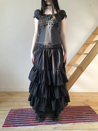 Elastic Waist Lace Patchwork Korean Cake Women Students Black White Maxi Skirt