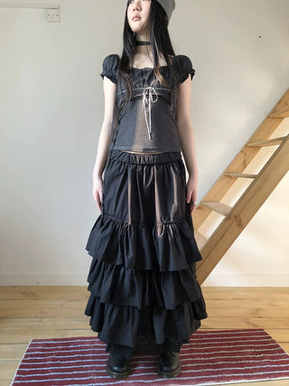 Elastic Waist Lace Patchwork Korean Cake Women Students Black White Maxi Skirt