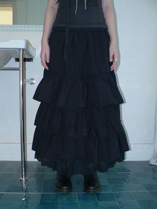 Elastic Waist Lace Patchwork Korean Cake Women Students Black White Maxi Skirt