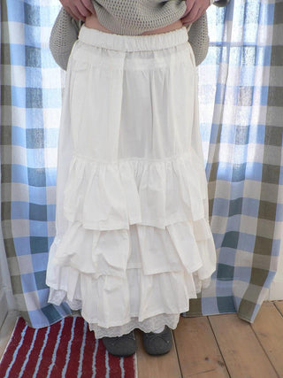 Elastic Waist Lace Patchwork Korean Cake Women Students Black White Maxi Skirt